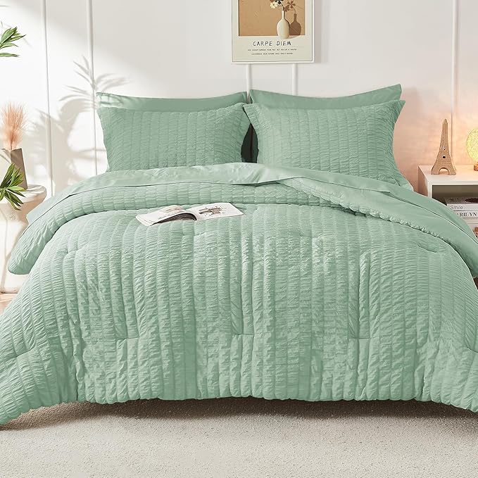 HYMOKEGE Sage Green Full Size Comforter Sets Seersucker 7 Pieces, All Season Luxury Bed in a Bag for Bedroom, Bedding Set with Comforters, Sheets, Pillowcases & Shams