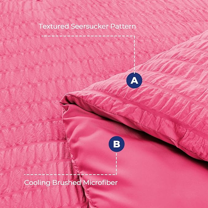 HYMOKEGE Hot Pink King Size Comforter Set Seersucker 7 Pieces, All Season Luxury Bed in a Bag for Bedroom, Bedding Set with Comforter, Sheets, Pillowcases & Shams