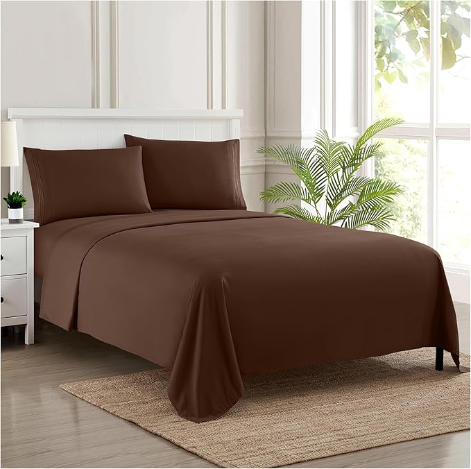 Queen Size Bed Sheets - Breathable Luxury Sheets with Full Elastic & Secure Corner Straps Built In - 1800 Supreme Collection Extra Soft Deep Pocket Bedding Set, Sheet Set, Queen, Brown