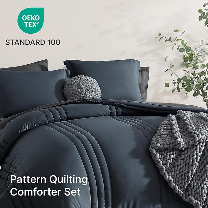 Monbix Oversized Queen Comforter Set - 7 Pieces Blue Grey Bed in a Bag Queen Bedding Sets with Comforters, All Seasons Down Alternative Comforter Bed Set with Sheets,Pillowcases & Shams
