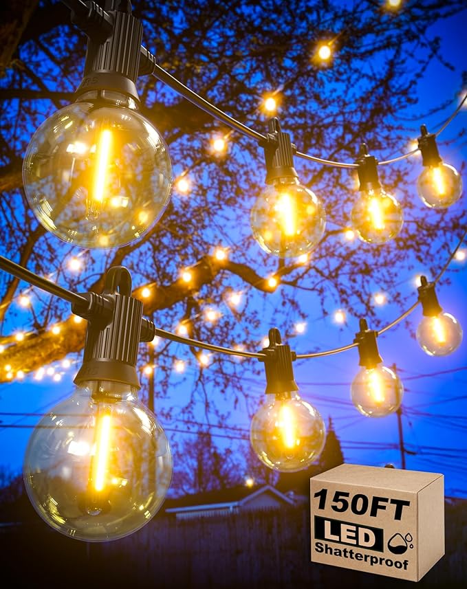 Outdoor String Lights, 150FT Patio Lights with 75 Shatterproof G40 Globe Bulb(3 Spare), Waterproof Connectable Dimmable LED Hanging String Lights for Outside Backyard Porch Balcony(2x75FT)