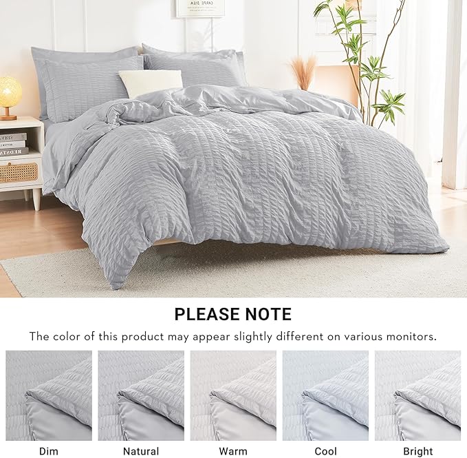HYMOKEGE Light Grey Full Size Comforter Sets Seersucker 7 Pieces, All Season Luxury Bed in a Bag for Bedroom, Bedding Set with Comforters, Sheets, Pillowcases & Shams
