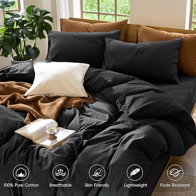 MooMee Bedding Duvet Cover Set 100% Washed Cotton Linen Like Textured Breathable Durable Soft Comfy (Solid Black, Full 80"x90")
