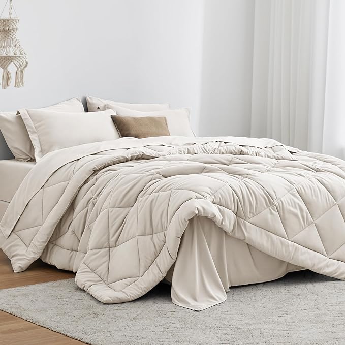 Love's cabin Twin XL Comforter Set Off White, 5 Pieces Twin XL Bed in a Bag, All Season Bedding Sets with 1 Comforter, 1 Flat Sheet, 1 Fitted Sheet, 1 Pillowcase and 1 Pillow Sham