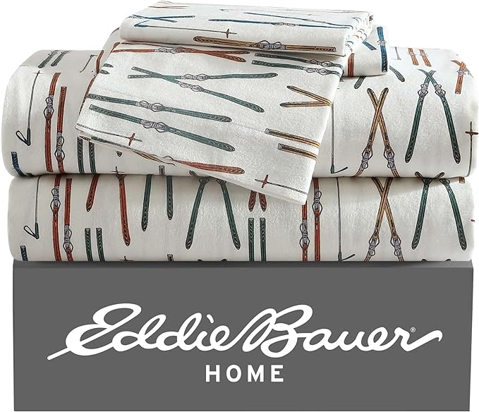 Eddie Bauer - Queen Sheets, Cotton Flannel Bedding Set, Brushed For Extra Softness, Cozy Home Decor (Ski Line White, Queen)