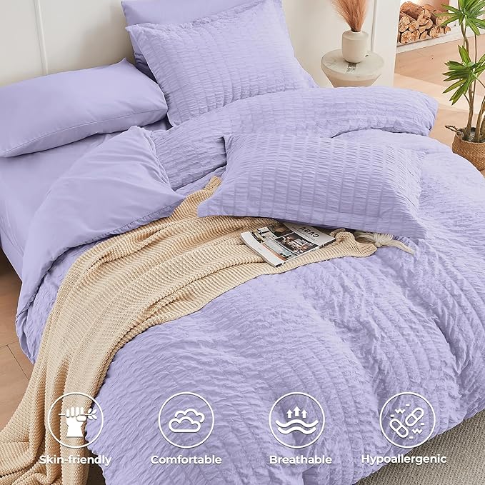 HYMOKEGE Light Purple Twin Comforter Set Seersucker 5 Pieces, All Season Luxury Bed in a Bag for Bedroom, Bedding Set with Comforter, Sheets, Pillowcase & Sham