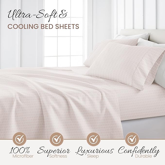 Linen Market 4 Piece King Sheet Set - Breathable, Double-Brushed Patterned Cooling Sheets – Oeko-TEX Certified Ultra Soft & Wrinkle-Free 16" Deep-Pocket King Sheets - Easy Care Classic in Pink