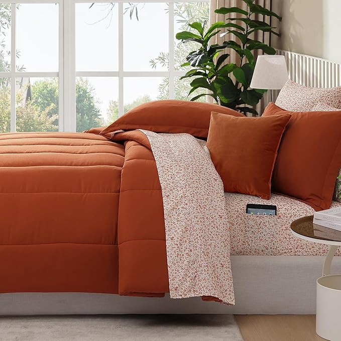 Monbix Full Comforter Set - 7 Pieces Burnt Orange Bed in a Bag Full Size Track Stitching Bedding Sets, All Seasons Down Alternative Comforter with Sheets,Pillowcases & Shams