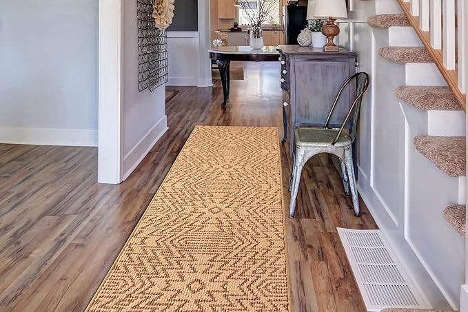 Custom Length Cut to Size Tribal Ethnic Southwestern Inspired Hallway Runner Rug, Non Slip Rubber Backed, 31 inch Wide X Customized Length, Inca Tan, 31 inch X 21 feet