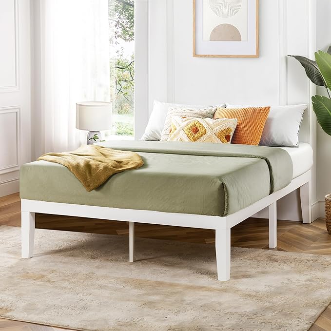 Mellow Naturalista Classic 16 Inch Solid Wood Platform Bed with Wooden Slats, White, King