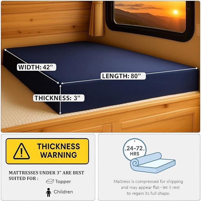 Foamma 3" x 42" x 80" Water Resistant Gel Memory Foam RV Bunk Mattress, Firm High Density Foam Base, Comfortable and Durable Polyester Cover, Truck, Camper, Travel Trailer, Made in USA!