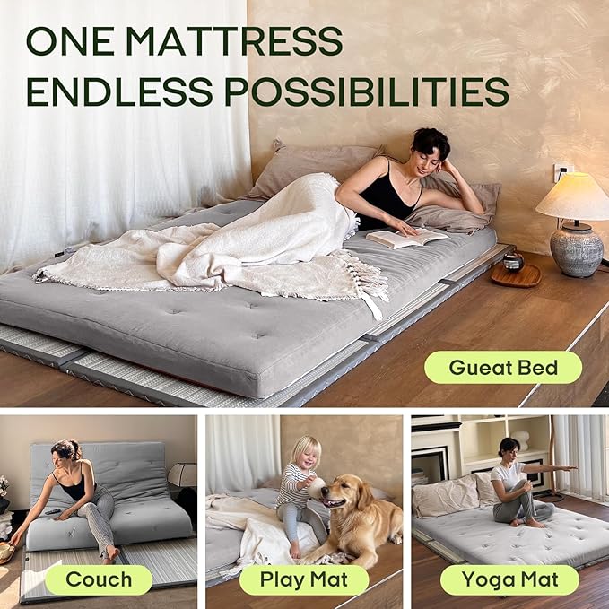 ZonLi Japanese Floor Futon Mattress Full Size 75"x 54", 100% Cotton Cover 4'' Thicken Tatami Mattress, Foldable Sleeping Pad, Portable Dormitory Tatami Mat, Roll Up Floor Lounger Bed for Adult