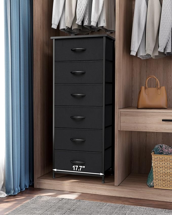 Crestlive Products Vertical Dresser Storage Tower - Sturdy Steel Frame, Wood Top, Easy Pull Fabric Bins, Wood Handles - Organizer Unit for Bedroom, Hallway, Entryway, Closets - 6 Drawers (Black)