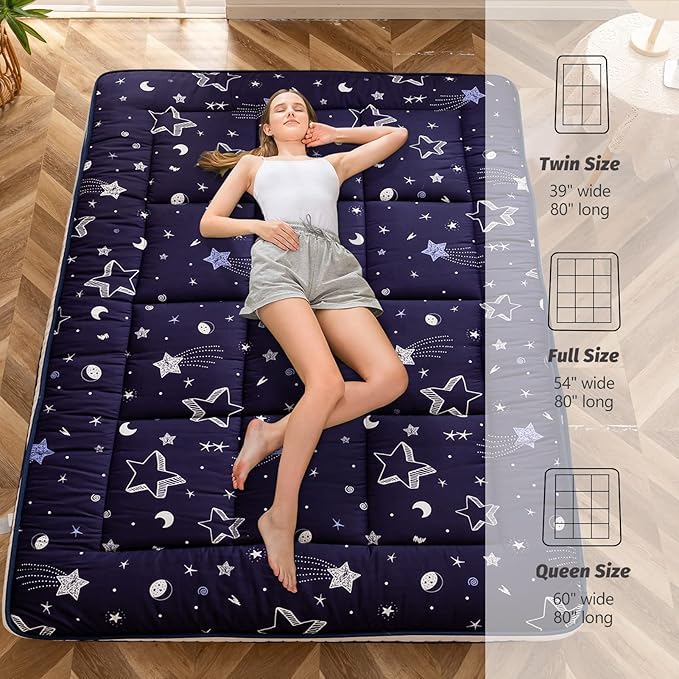 MAXYOYO Navy Star Futon Mattress, Padded Japanese Floor Mattress Quilted Bed Mattress Topper, Extra Thick Folding Sleeping Pad Breathable Floor Lounger Guest Bed for Camping Couch, Twin