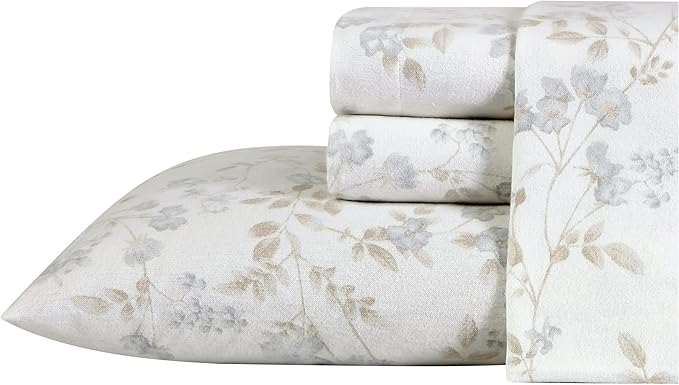 Laura Ashley - Flannel Sheets King Size, Anti-Pilling & Wrinkle Resistant Cotton, Touchably Soft for All-Season Comfort - Bed Sheets with Matching PIllowcasess & Fitted Sheet (Fawna Grey)