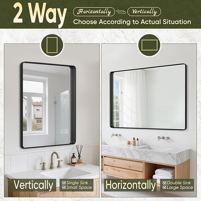 Suidia Bathroom Mirror, 72" x 32" Wall Mirror Metal Framed, Bathroom Vanity Mirror for Living Room Bedroom Bathroom Entryway, Black, Rounded Corner Style