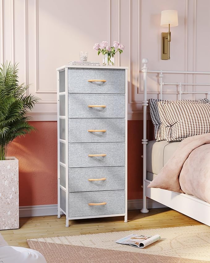 Crestlive Products Tall Dresser Storage Tower - Sturdy Steel Frame, Wood Top, Easy Pull Fabric Bins, Handles - Vertical Organizer Unit for Bedroom, Hallway, Entryway, Closets - 6 Drawers (Light Gray)