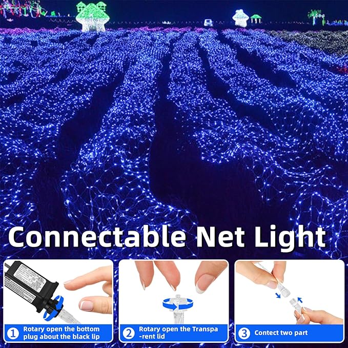 Net Mesh String Lights Waterproof, 200 Light Bubbles, 8 Lighting Modes, for Indoor Outdoor, Curtain, Christmas Tree, Bush, Party, Wedding, Fairy, Wall Decoration (9.8 ft x 6.6 ft, Blue)