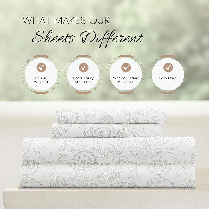 Linen Market Double-Brushed Patterned Microfiber Full Sheet Set 4 Piece – Oeko-TEX Certified Ultra Soft & Wrinkle-Free - 16" Deep Pocket Sheets - Easy Care Full Size - Coarse Paisley Light Gray