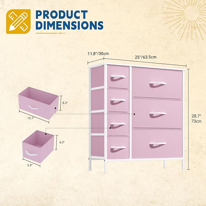 DWVO Dresser for Bedroom, 7 Drawers Fabric Dresser, Organizer Unit for Living Room, Hallway, Closets - Sturdy Steel Frame, Wooden Top & Easy Pull Fabric Bins, Pink