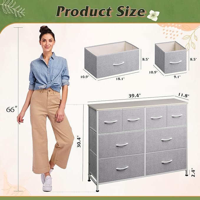 WLIVE 8 Drawer Dresser for Bedroom, Wide Fabric Dresser Storage Organizer, Chest of Drawers with Wood Top, Sturdy Steel Frame, Dressers for Living Room, Closet, Hallway, Light Grey