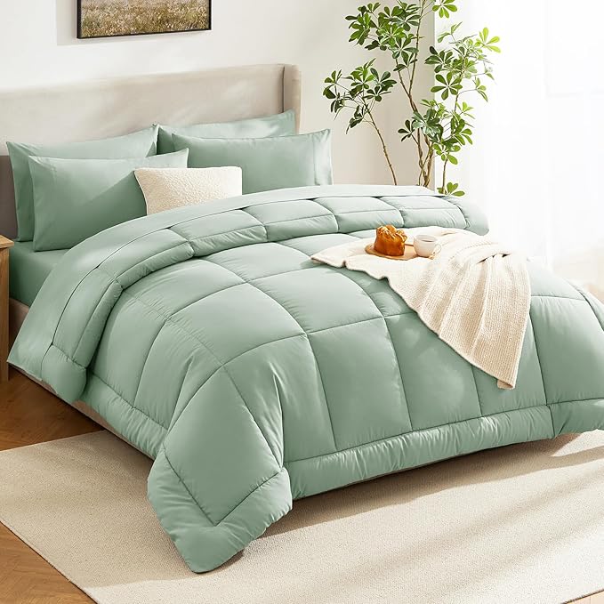 CozyLux Twin Comforter Set with Sheets Sage Green, 5 Pieces Bed in a Bag, Green Comforter Twin Size, All Season Bedding Set with Stitch Quilted Comforter, Flat Sheet, Fitted Sheet, Pillowcases
