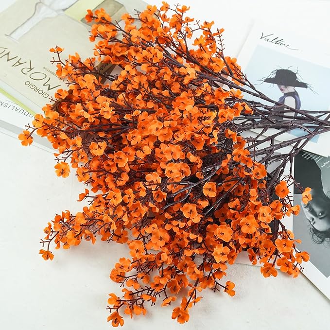 Uieke 6Pcs Artificial Fall Flowers Babys Breath Flower Bulk Fake Orange Silk Flowers Artificial Gypsophila Bouquet Floral for Home Festival Wedding Party Décor