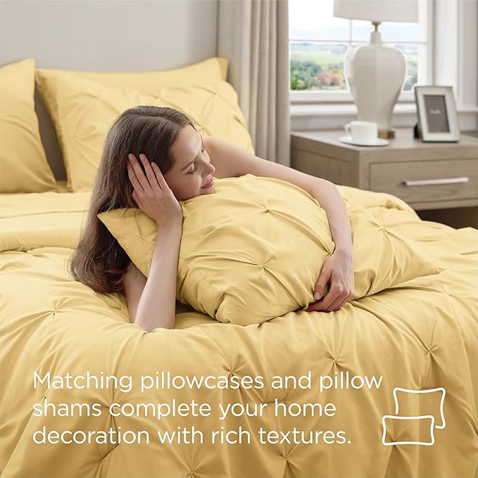 Bedsure Queen Comforter Set Yellow - Bed in a Bag Queen 7 Pieces, Pintuck Bedding Sets Gift for Christmas, Pinch Pleat Bed Set with Queen Size Comforter, Sheets, Pillowcases & Shams