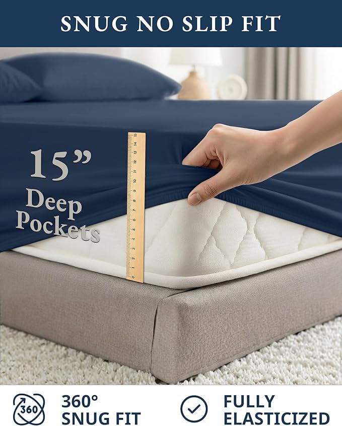 LANE LINEN 100% Organic Cotton Sheets Twin Size, Mercerized Cotton Fully Elasticized Soft & Comfy Bedding Sheets & Pillowcase Set, Good for Dorm Room, Deep Pocket Fully Elasticized Sheet- Navy
