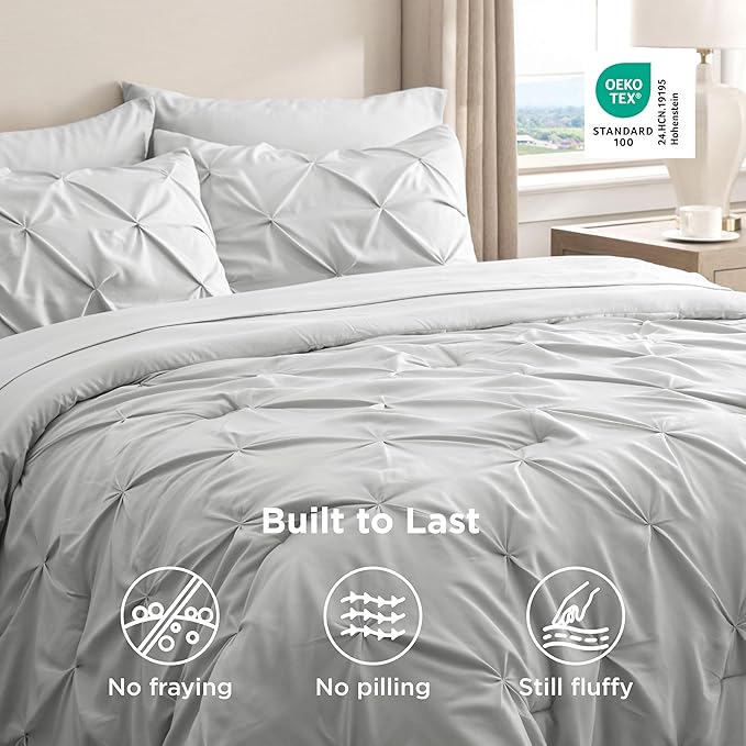 Bedsure Twin XL Comforter Set - Extra Long 5 Pieces Dorm Bedding Sets, GentleSoft™ Pinch Pleat Light Grey Bed in a Bag with Pintuck Comforter, Sheets, Pillowcase & Sham