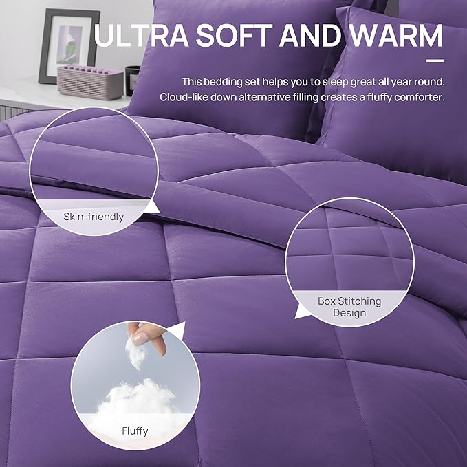 Love's cabin Full Comforter Set Purple, 7 Pieces Full Bed in a Bag, All Season Bedding Sets with 1 Comforter, 1 Flat Sheet, 1 Fitted Sheet, 2 Pillowcase and 2 Pillow Sham