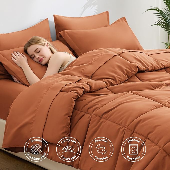 Love's cabin Queen Comforter Set Burnt Orange, 7 Pieces Queen Bed in a Bag, All Season Bedding Sets with 1 Comforter, 1 Flat Sheet, 1 Fitted Sheet, 2 Pillowcase and 2 Pillow Sham