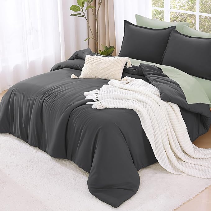 Litanika Dark Grey Comforter Set California King Size, 3 Pieces Cal King Gray Lightweight Plain Bedding Comforter Set, Oversized All Season Fluffy Bed Set (104x96In Comforter & 2 Pillowcases)
