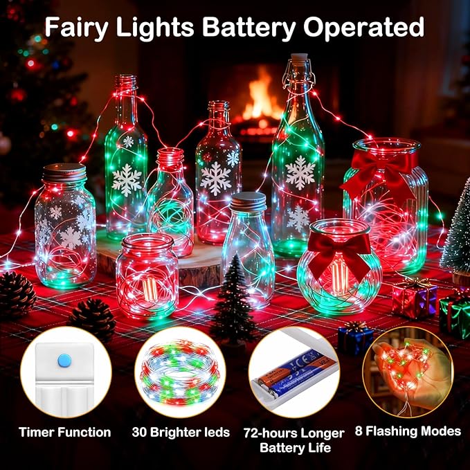 ZNYCYE 10 Pack Fairy Lights Battery Operated, 10 Ft 30 LED Fairy Lights with Timer, 8 Modes Christmas Lights, Waterproof for Indoor DIY Christmas Decorations(Red Green White)
