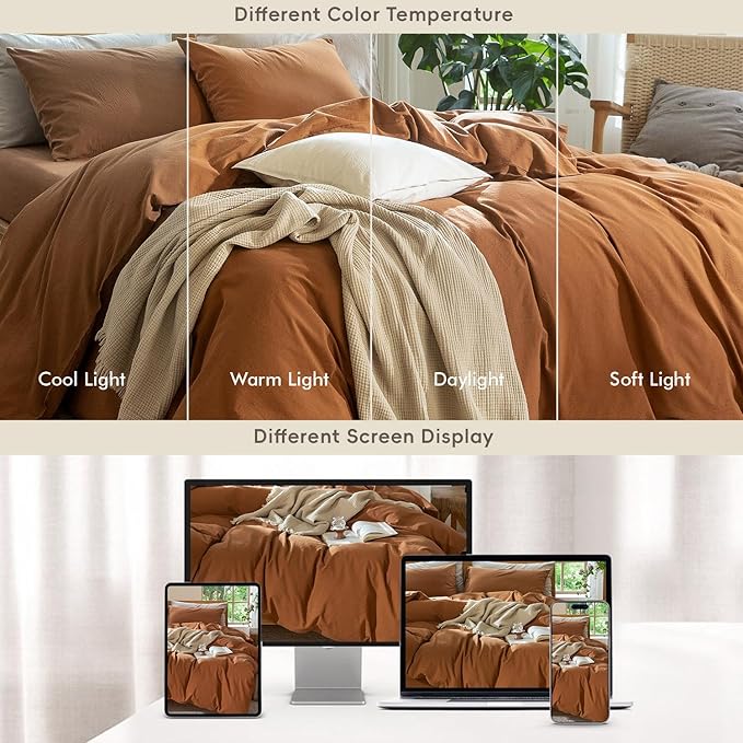 MooMee Bedding Duvet Cover Set 100% Washed Cotton Linen Like Textured Breathable Durable Soft Comfy (Solid Dark Orange, Cal King 104"x98")