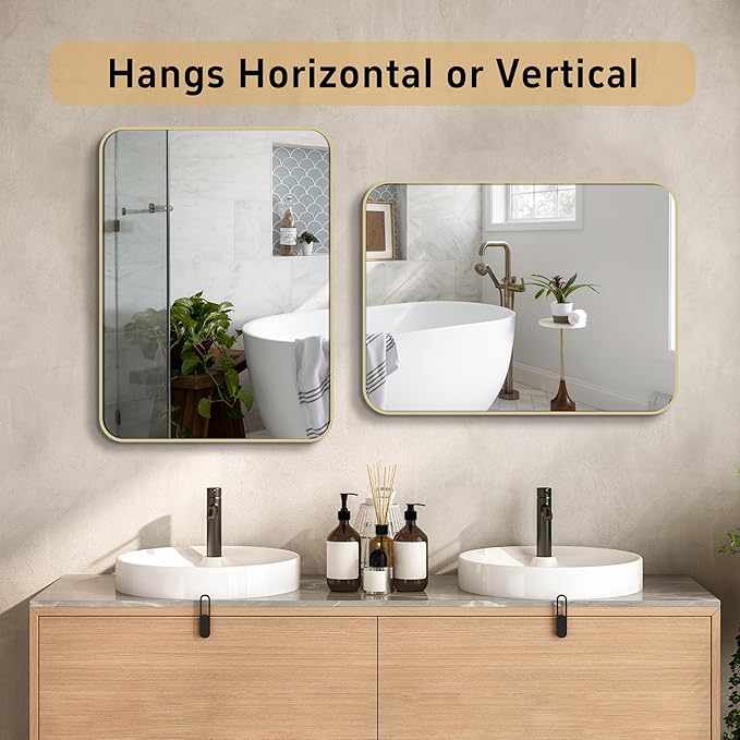 24"x30" Brushed Bright Gold Metal Framed Rounded Rectangle Mirror, Gold Wall Mounted Mirrors for Bathroom Entryway Vanity Living Room Bedroom, Vertical or Horizontal