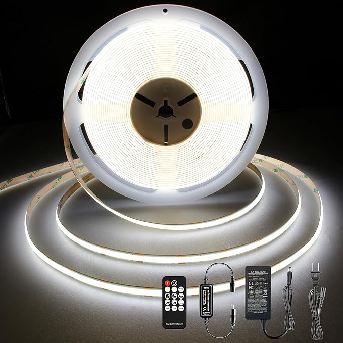 COB LED Strip 32.8ft,Dimmable Strip Lights, 6000K Daylight Super Bright LED Strip Lights, DC24V CRI90+,LED Tape Light with UL-Listed Power Supply, Indoor for Closet,Bedroom,Kitchen