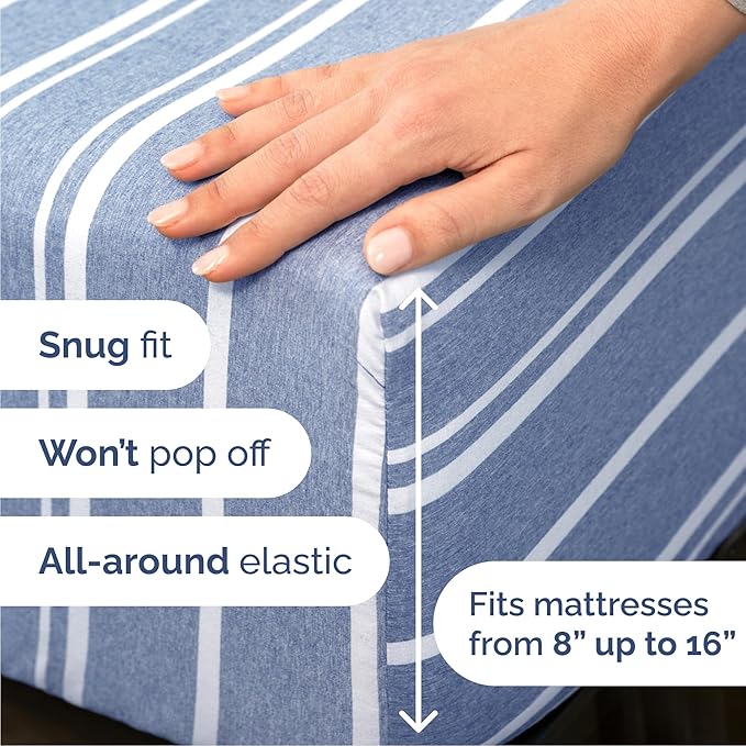 Cal King 6 Piece Sheet Set - Comfy Breathable & Cooling - Soft Hotel Luxury Bedding Set w/ 8-16 Inch Deep Pockets - 1 Flat & 1 Fitted Sheet & 4 Pillowcases - Wrinkle Free & Easy Care - Blue Stripes 3
