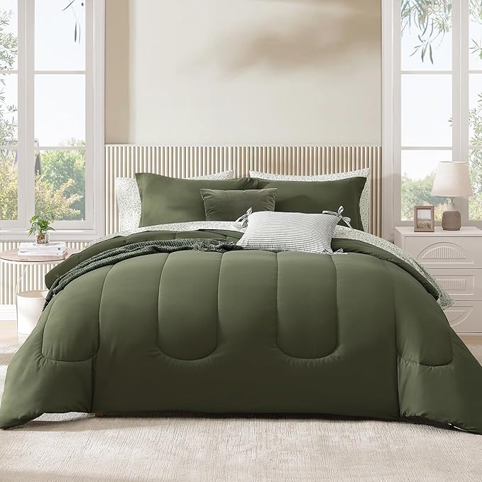 Monbix Full Comforter Set - 7 Pieces Olive Green Bed in a Bag Full Size Track Stitching Bedding Sets, All Seasons Down Alternative Comforter with Sheets,Pillowcases & Shams