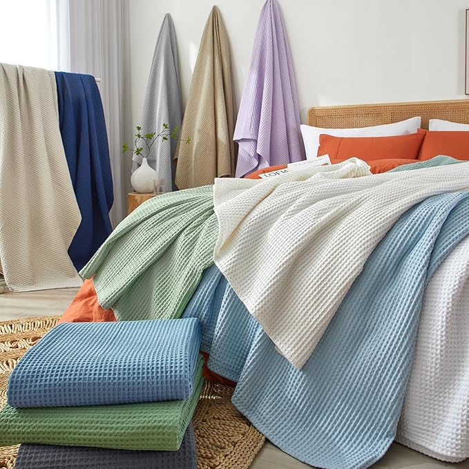 PHF 100% Cotton Waffle Weave Throw Blanket，Pre-Washed Snag Proof Lightweight Breathable Moisture-Wicking for Layering in Cold Weather for Couch Bed,Machine Washable,Home Decor Gift-Linen