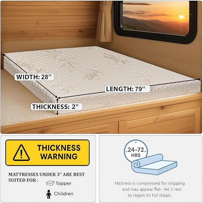 Foamma 2" x 28" x 79" Mattress for RV with Water Resistant Organic Cotton Cover, Firm High Density Foam, USA Made, CertiPUR-US Certified Foam
