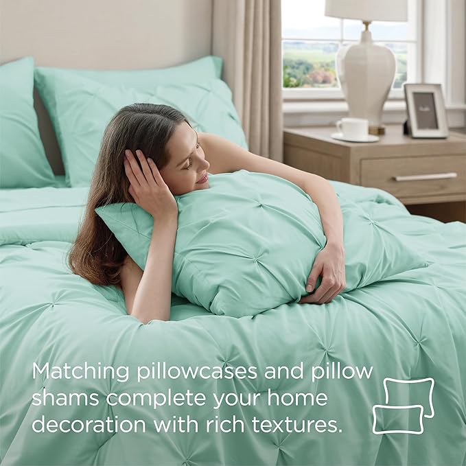 Bedsure King Size Comforter Set Mint Green - Bed in a Bag Bedding Set 7 Pieces, GentleSoft™ Pintuck Bed Set Gift for Family, Pinch Pleat Mint Green Comforter with Sheets, Pillowcases & Shams