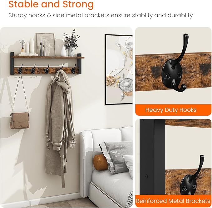 Homode Coat Rack with Wall Mount, 24 Inch Long Entryway Wall Shelf with Hooks, Wood Hanger with Storage Shelf for Bathroom, Hallway, Rustic Brown Black