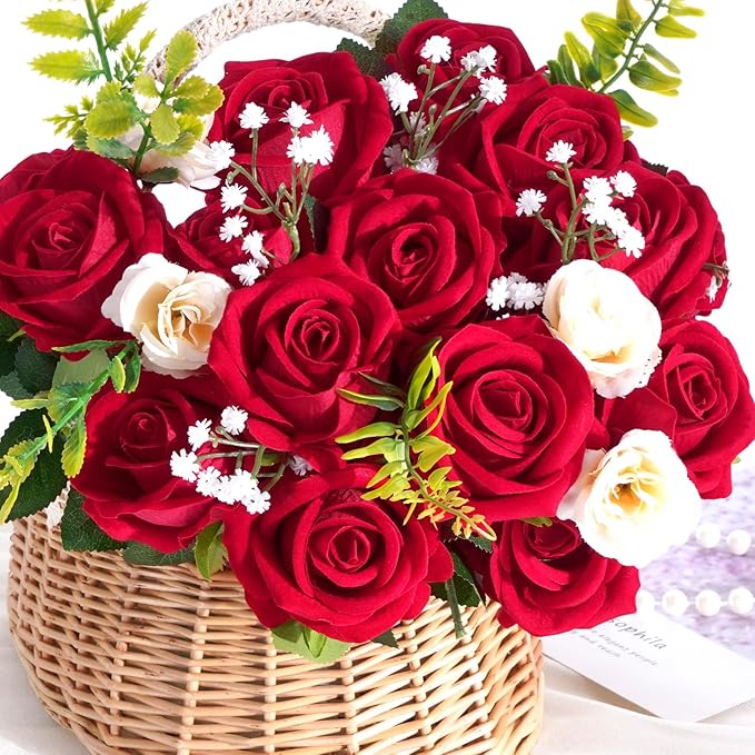 BLEUM CADE 200 Pcs Red Roses Artificial Flowers, Real Touch Velvet Roses Fake Flowers Bulk, Artificial Roses Bouquet with Long Stems Bridal DIY Wedding Party Centerpiece Decorations