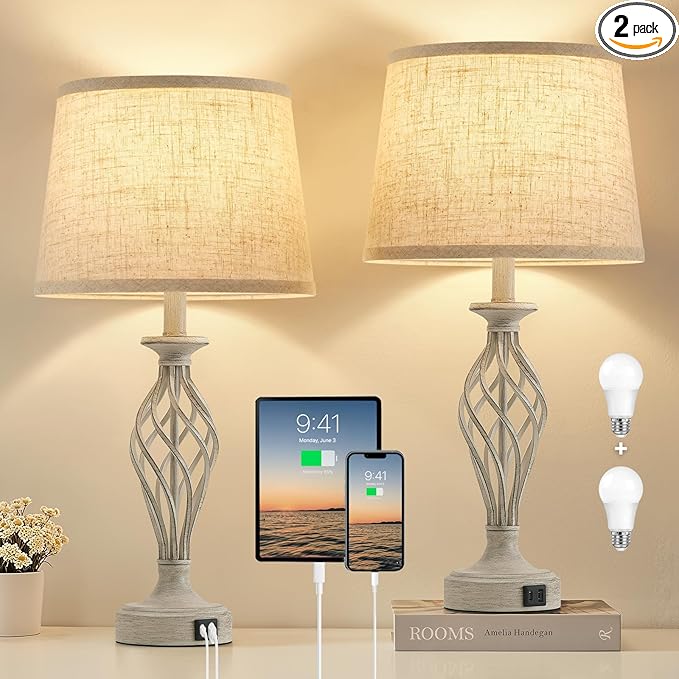 Table Lamp for Bedroom Set of 2 - Light Grey Bedside Lamps with USB C+A Ports,Rustic Distressed Farmhouse Bedroom Lamp - Lamp for Living Room Reading Bed Side End Table Bulbs Included