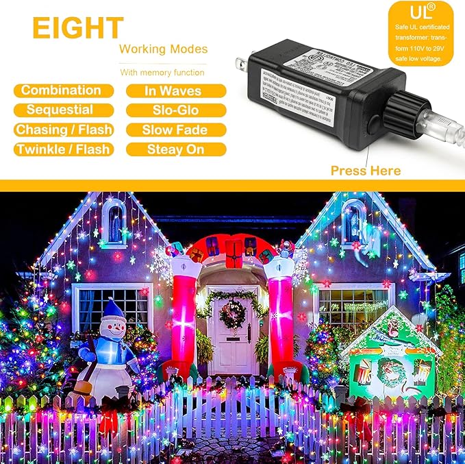 Decute 300LED Christmas String Lights Outdoor Waterproof 105FT UL Certified with End-to-End Plug 8 Modes, Multicolor Indoor Starry Fairy Lights for Christmas Tree Patio Garden Wedding Party Decor