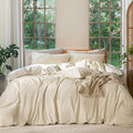 MooMee Bedding Duvet Cover Set 100% Washed Cotton Linen Like Textured Breathable Durable Soft Comfy (Heathered Almond Milk Grey, Full 80"x90")