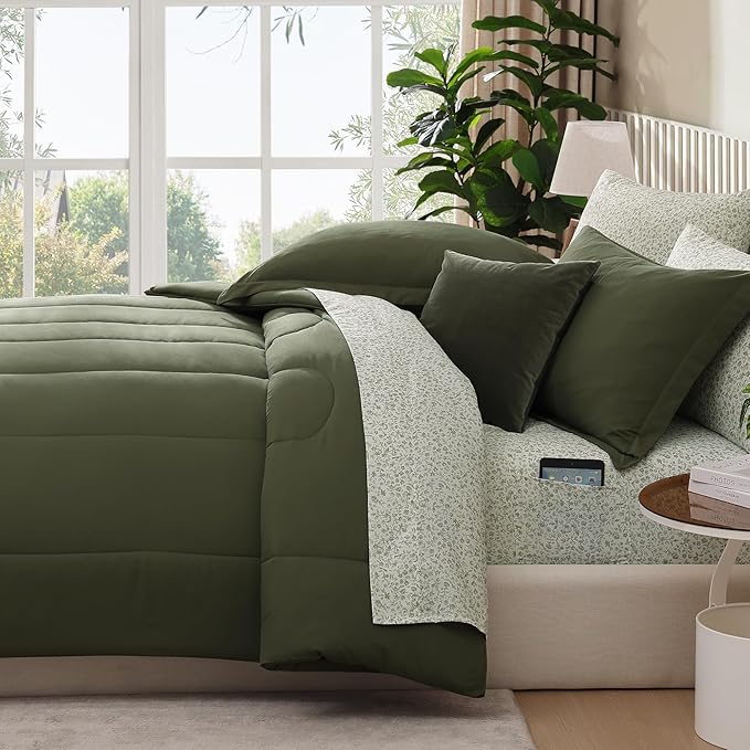 Monbix King Size Comforter Set - 7 Pieces Bed in a Bag King, Olive Green Track Stitching Bedding Sets, All Seasons Down Alternative Comforter Bed Set with Sheets, Pillowcases & Shams