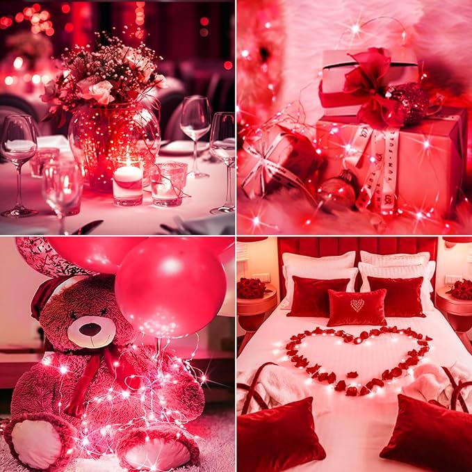 btfarm 30 Pack Fairy Lights Battery Operated [3 Modes], 7ft 20 Led Twinkle Lights String Lights Waterproof Bulk Small Mini Silver Wire for Christmas Mason Jars Wedding Table Centerpiece, Red