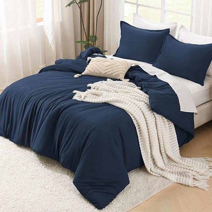 Litanika Navy Blue Comforter King Size, 3 Pieces Lightweight Solid Bedding Comforter Set, All Season Fluffy Bed Set (104x90In Comforter & 2 Pillowcases)